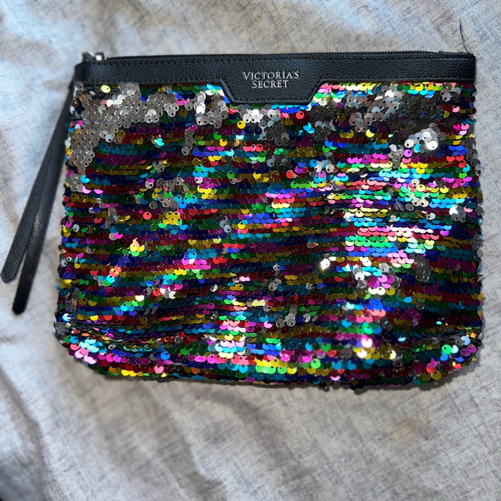 Victoria's Secret Zippered Sequin Bling Confetti Wristlet Make-up Bag Black